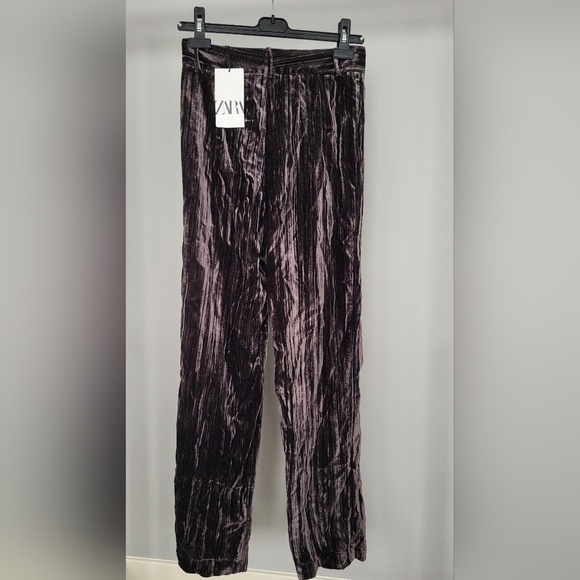 Nwt XS Zara crushed dark gray velvet pants - Picture 2 of 2